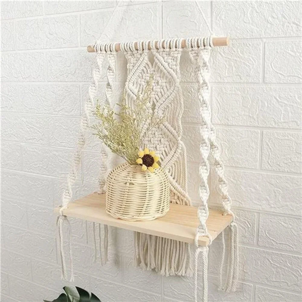 Macrame Wall Hanging Plant Decor Shelf Indoor Outdoor Floating Wood shelve